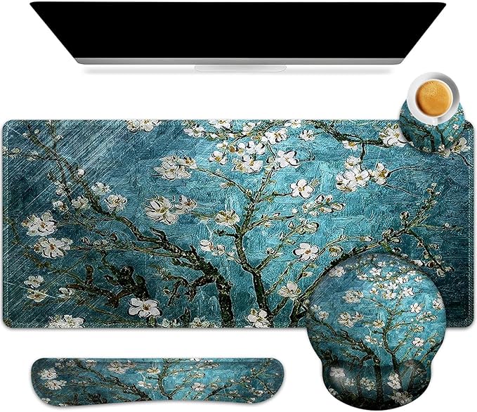 ARTSO Desk Mat, Large Gaming Mouse Pad Wrist Support Set, Ergonomic Keyboard Wrist Rest Desk Pad with Coaster Combo, Extended Mousepad with Non-Slip for Home Office, Blue Van Gogh Painting