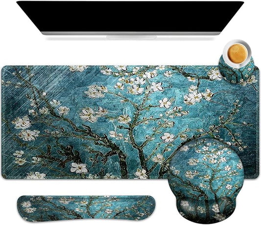 ARTSO Desk Mat, Large Gaming Mouse Pad Wrist Support Set, Ergonomic Keyboard Wrist Rest Desk Pad with Coaster Combo, Extended Mousepad with Non-Slip for Home Office, Blue Van Gogh Painting