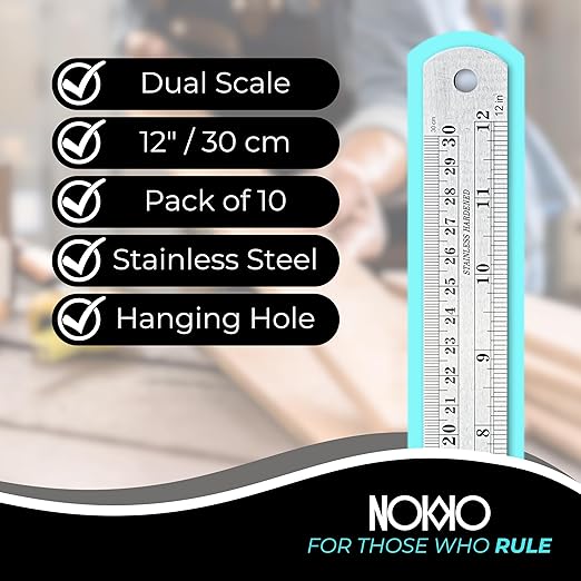 NOKKO Metal Ruler 12 Inch - Pack of 10 - Measuring Set of 12-Inch / 30 cm Stainless Steel Rulers with Imperial & Metric Measurements & Conversion Table - Metal Straight Edge Ruler for Cutting