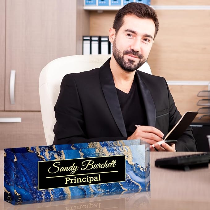 Ship Next Day-Custom Name Plate for Desk, Desk Name Plate Personalized, Acrylic Office Desk Accessories, Appreciation Gifts for Coworkers Employee Teachers Boss Women Men (Blue Coast)