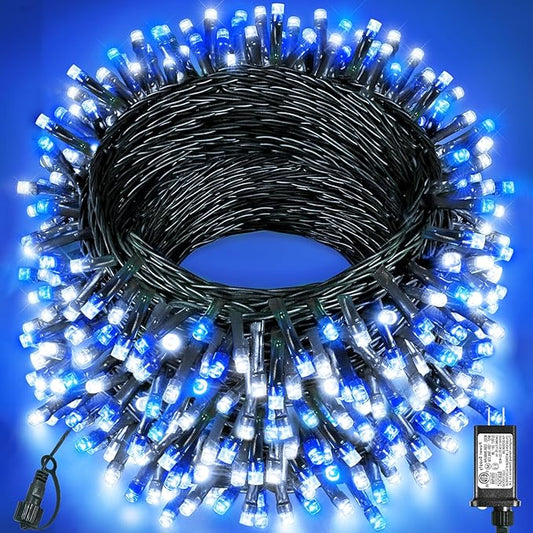 197FT 600 LED Christmas Lights Outdoor Indoor, Plug in String Lights for Outside 8 Modes, Waterproof Christmas Tree Lights for Outside Bedroom Wedding Party Holiday Decorations, Blue White