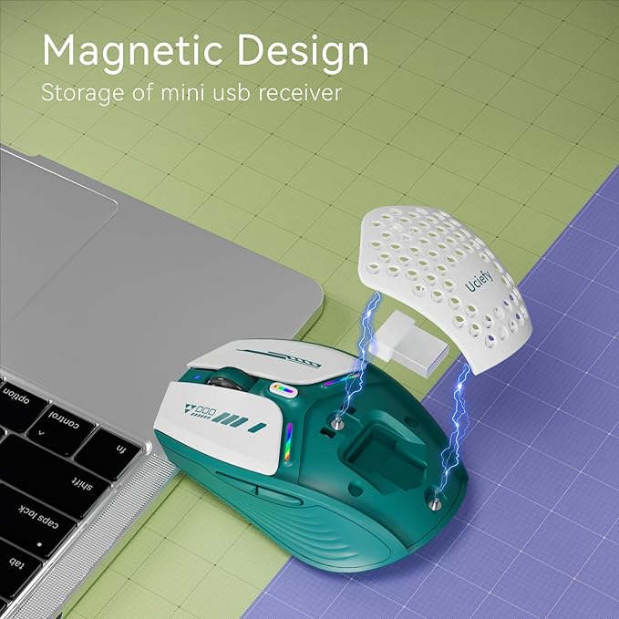 Uciefy Bluetooth Wireless Mouse, (BT5.0/5.1+2.4GHz) USB C Rechargeable LED Mouse Battery Level Visible, Honeycomb Magnetic Shell Cover with USB Receiver & Type-C Adapter for Laptop/PC/Mac/iPad - Green