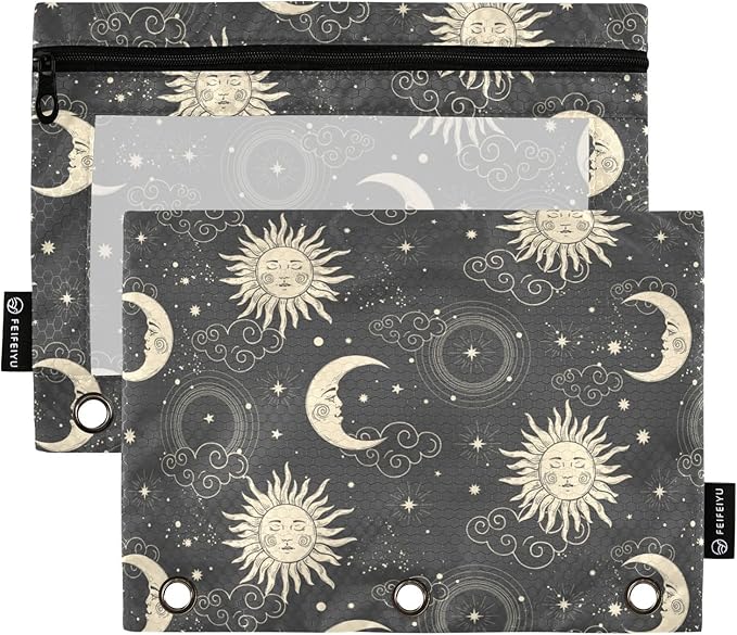 ZAZYXTJ Sun Binder Pencil Pouchs 3 Ring with Zipper Clear Window Office Organizers bag for School Students Teacher Supplies 2 Pack