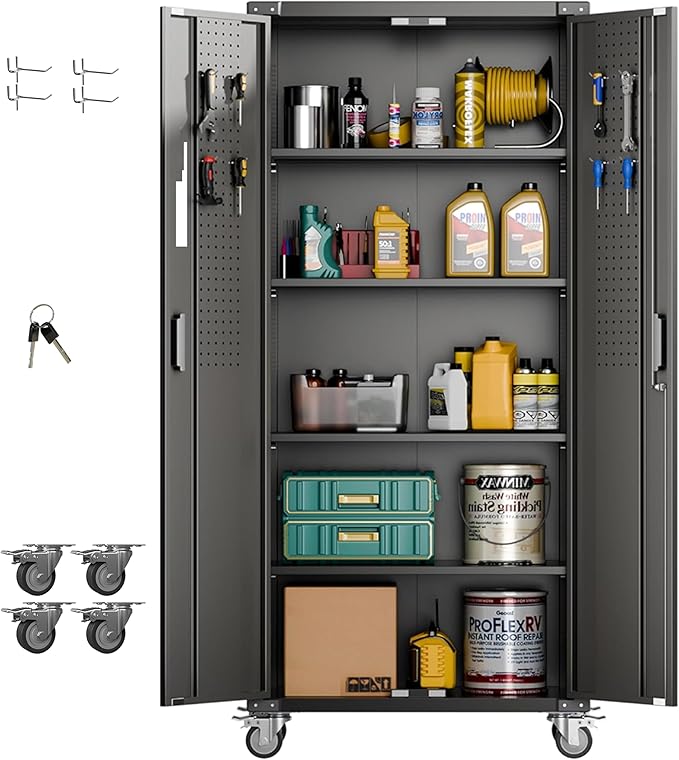 Aobabo Upgraded 72" H Garage Storage Cabinets with Wheels,Metal Storage Cabinets with Door Pegboard for Garage Home Office Storage,Assembly Required, Black