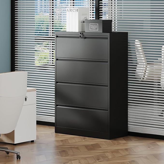 KEIKI 4 Drawer Lateral File Cabinet with Lock – Tall Heavy-Duty Metal Filing Cabinet, Space-Saving Wide Storage for Letter/Legal/A4/F4, Quiet Full-Extension Slides for Home Office, Black
