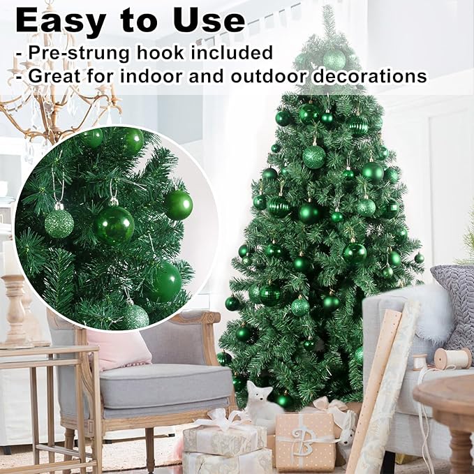 Emerald Green 2.5" Christmas Balls Christmas Tree Decoration Ornaments Shatterproof Hanging Balls for Birthday Halloween Holiday Wedding Decorations Set of 24pcs