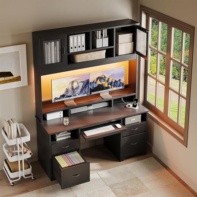 Bestier 77.8" H Executive Desk with Hutch, Modern Wood Computer Desk with Drawers, Charging Station, LED Light, Fluted Storage Cabinet, Keyboard Tray, 59" W Office Desk for Home Office, Black