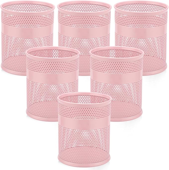 Segarty Pencil Holder, 6 Pack Pink Pen Holder, 3.3 x 3.9 inch Pencils Cups Holder, Round Metal Pens Container Organizer for Office Supplies, School Classroom, Makeup Brush, Home Storage