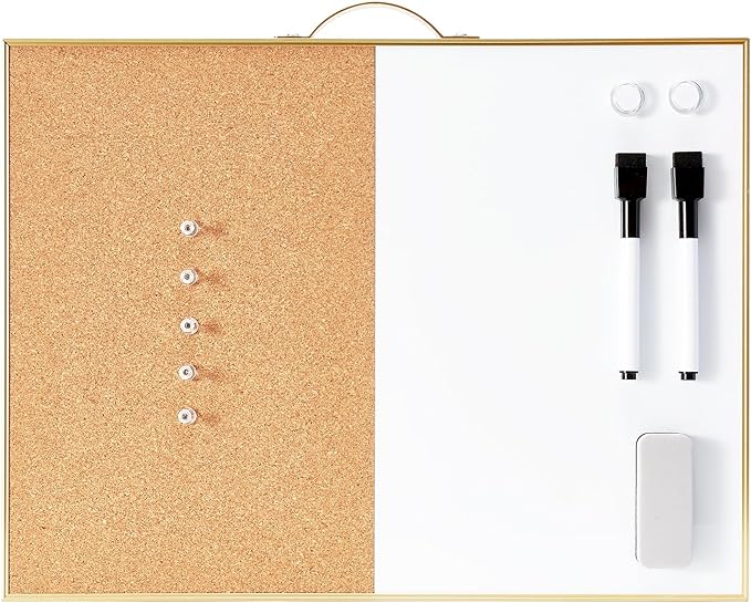 TSJ OFFICE Small Combination Board - 12" X 16" Portable Aluminum Gold Framed Magnetic Dry Erase Board for Wall, Small Bulletin Cork Board with Holder for Office, Home and School