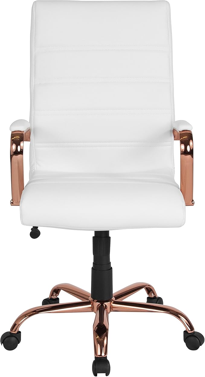 Flash Furniture Whitney High-Back Swivel LeatherSoft Desk Chair with Padded Seat and Armrests, Adjustable Height Padded LeatherSoft Office Chair, White/Rose Gold