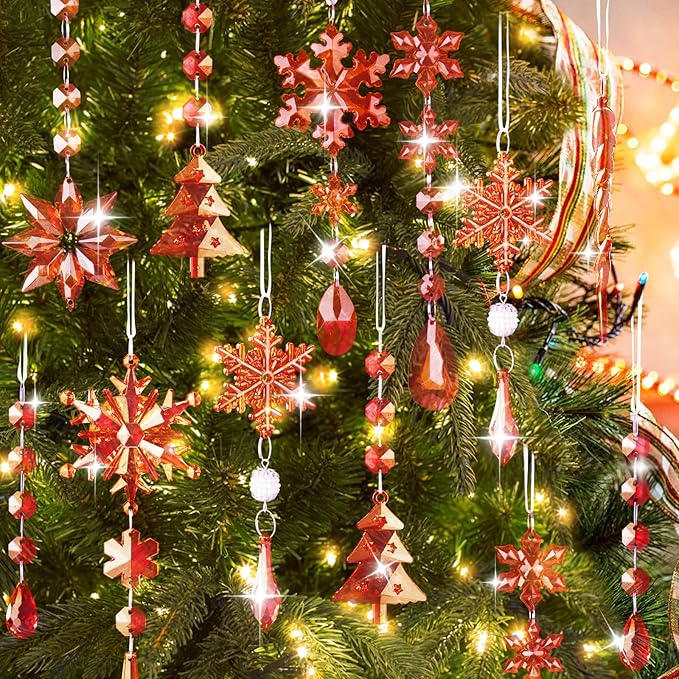 Lanpn 22pcs Christmas Ornaments Crystal Christmas Tree Decoration, Hanging Clear Acrylic Snowflake Icicle Drop Crystal Pendants for Xmas Tree Winter New Year Outdoor Indoor Party Decoration (Red)