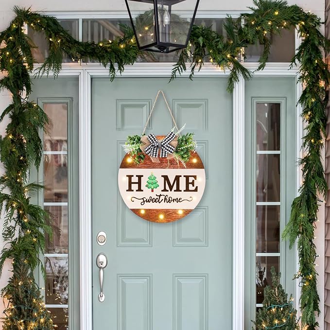 HOMCDALY Interchangeable Welcome Sign for Front Door with 14 Changeable Icons, Door Wreaths for Front Door with 12 LED Lights, Farmhouse Rustic Welcome Door Hanger Wall Sign, Porch Decorations(White)