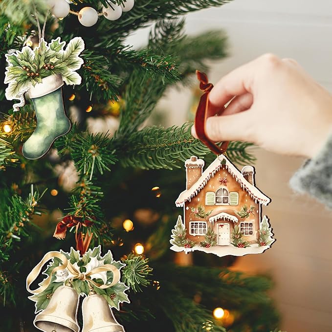 Huwena 36 Pcs Woodland Christmas Ornaments Farmhouse Winter Wooden Ornaments Snowman Reindeer Wreath Bells Flowers Wood Cutouts Tags with Ropes Country Neutral Christmas Decor for Xmas Tree Gifts