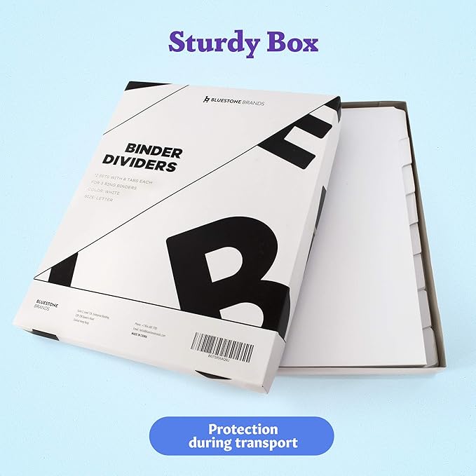 Binder Dividers with Tabs - (Set of 12) x 8-Tab Dividers for 3 Ring Binders, White, Reinforced Edge - Ideal for Keeping Your Documents Neat and Professional