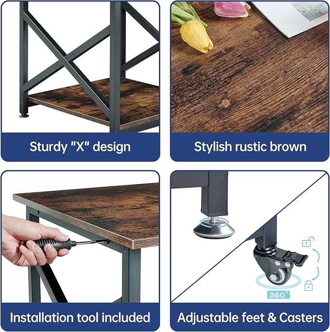 Large Printer Stand, 23.6 x 23.6 x 22.6 Inches Square Printer Table with Storage Shelf, 2 Tier Rolling Printer Cart with Industrial Wheels for Home Office - Rustic Brown