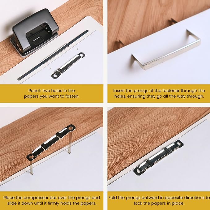 OLYMPX 50 Pcs of 2” Capacity Premium Metal Prong Paper Fastener Complete Set, 2.75 Inch Base with Standard 2-Hole Punch Compressor for Paper File Folder, 50 per Box