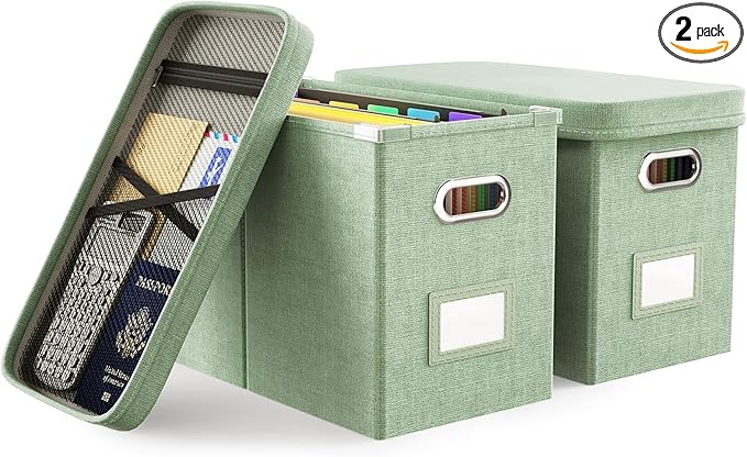 Oterri Hanging Filing File Box with Mesh Pocket, File Organizer Box with Lid, Collapsible Document Organizer Box for Letter Size, Easy Slide Durable Storage Box for Office/Decor/Home (2 PCS, Green)