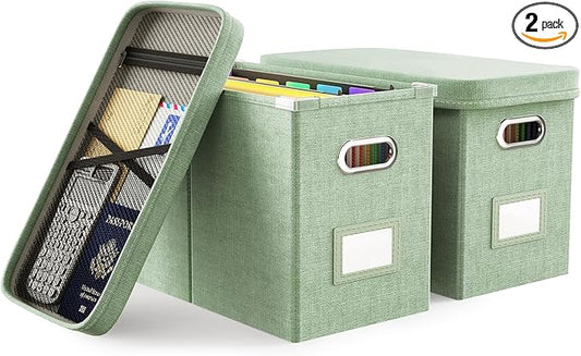 Oterri Hanging Filing File Box with Mesh Pocket, File Organizer Box with Lid, Collapsible Document Organizer Box for Letter Size, Easy Slide Durable Storage Box for Office/Decor/Home (2 PCS, Green)