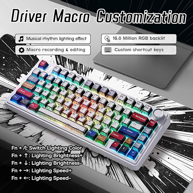 x Aula F75 Mechanical Keyboard, Wireless RGB Backlit Gaming Keyboard w/Knob, 81 Keys Compact Gasket Mount Pre-lubed Hot-Swap Reaper Switches, Bluetooth/2.4GHz/Type-C, Creamy Sounding Manga Keycaps
