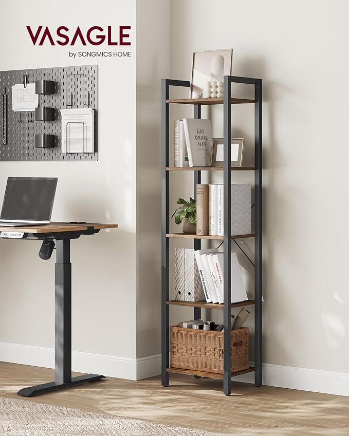VASAGLE 5-Tier Bookshelf, Bookcase with Steel Frame, Book Shelf for Living Room, Home Office, Study, 11.8 x 15.7 x 60.2 Inches, Industrial Style, Rustic Brown and Ink Black ULLS100B01