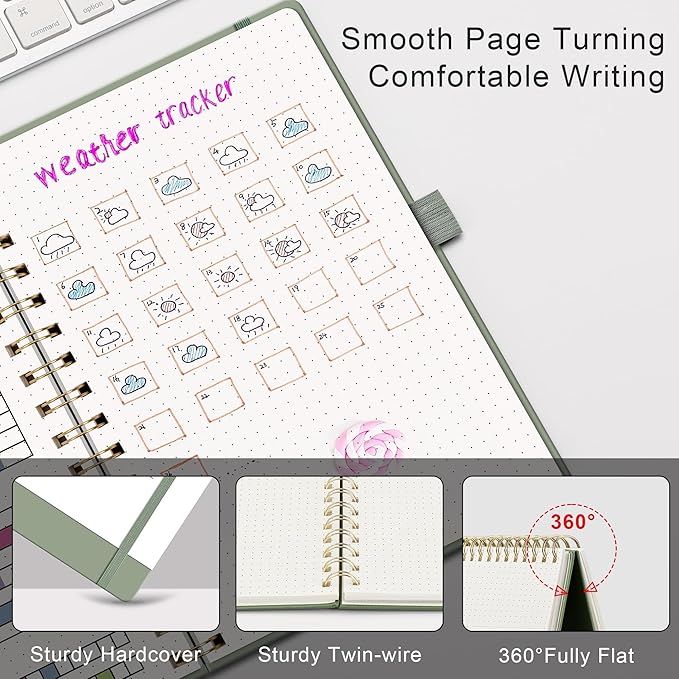 RETTACY Bullet Dotted Journal Notebook, 140 Pages, A5 Medium Size (5.7'' x 8.3''), Hardcover, 100 GSM Thick Paper, for Bullet Journaling, Planning, Tracking (Light Green)