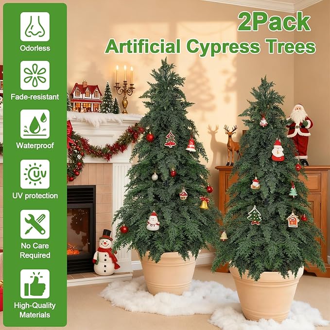 2Pack Artificial Topiary Trees, 4FT Faux Cypress, Faux Evergreen Pine Shrubs Plants with Pot, Potted Plants for Front Porch Indoor Outdoor Garden Christmas Decor