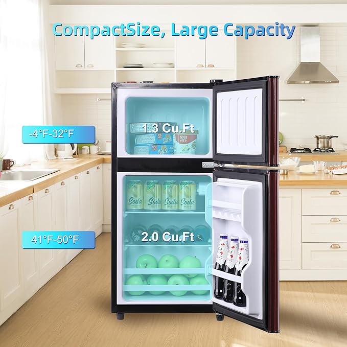 Mini Fridge with Freezer, 3.3 Cu. Ft. Double-Door Small Refrigerator with Adjustable 7-Level Thermostat & Separate Freezer, Dorm Fridge Compact for Kichen, RV, Office, Apartment, Wood
