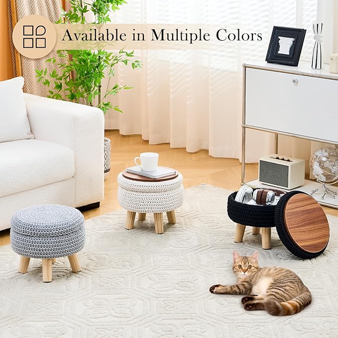 Round Storage Ottoman Foot Rest Cotton Braided Foot Stool Pouf Ottoman with Solid Wood Legs Footstool with Storage Shoe Changing Stool for Living Room Black