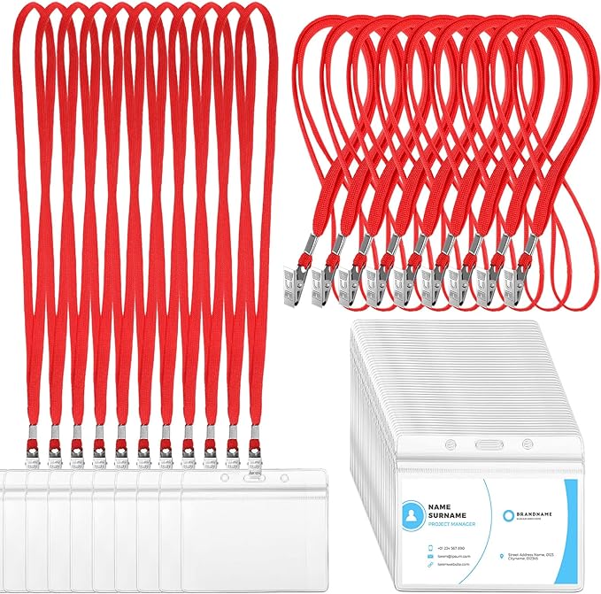 Marspark 100 Sets Clear Name Tags with Lanyard, Lanyards for ID Badges Reusable Strap with ID Holder Plastic Name Badges for Adults Business School Church Conference (Red)