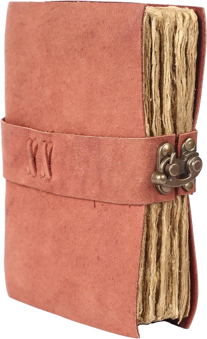 Vintage Leather Journal Handmade Buffalo Non-Refillable Deckle Edge Paper – Leather Bound Journal for Women, Men, C-Lock Closure Ideal for Writing & Travel for Artists (Sunset Peach)