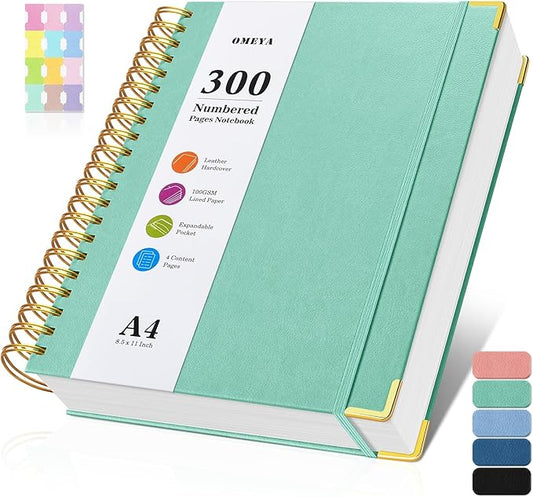 Spiral Notebook 8.5" x 11", 300 Numbered Pages Notebooks College Ruled with Contens, 100GSM Thick Journal for Women Men, Hardcover Leather Lined Journal for Writing, Large A4 Notebooks for Work School