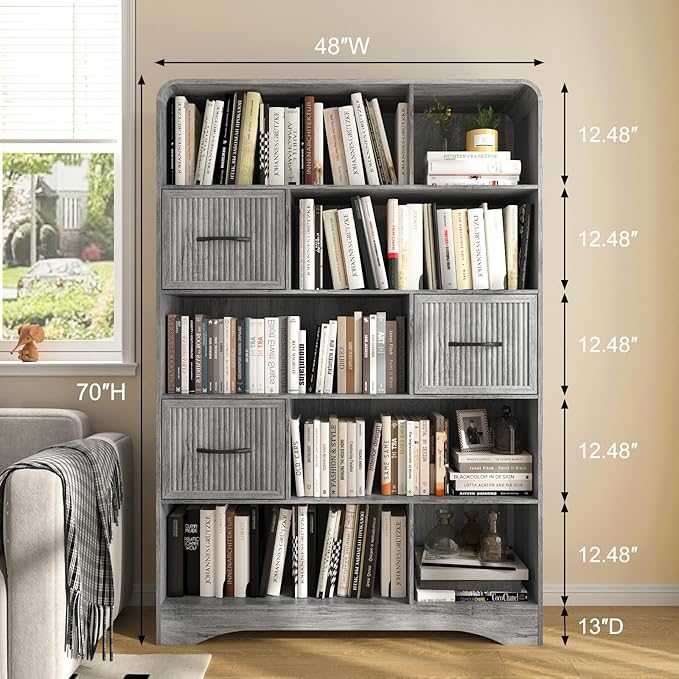 70" Tall Book Shelf and Bookcase, Tall Bookshelf with Storage, 48" Wide Modern Bookcase with Drawers Adjustable 3 Bins Storage, Large Bookshelf Wood 13" Deep Display Shelves for Living Room, Grey