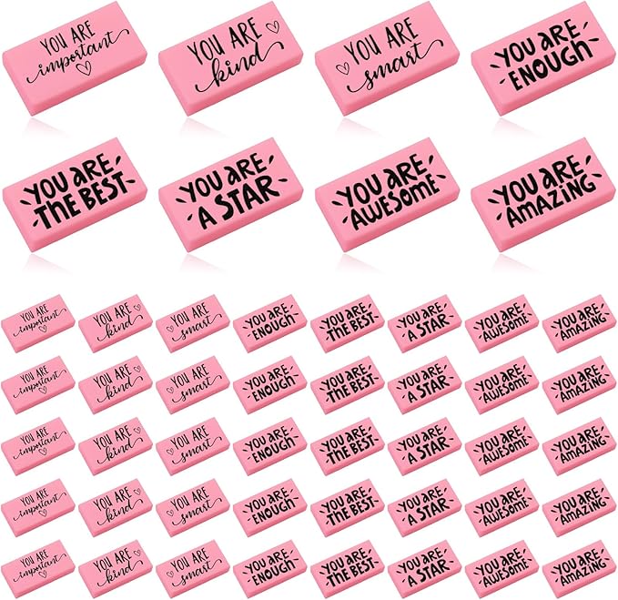 PerKoop 50 Pcs Pcs Inspirational Pink Erasers Bulk Small Motivational Block Pencil Erasers Back to School Gifts for Classroom Students Teachers Office Stationery Supplies