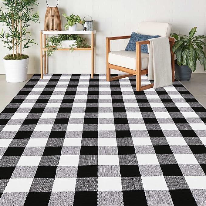 Buffalo Plaid Outdoor Rugs, 5'x7' Black and White Checkered Area Rug, Washable Cotton Woven Indoor/Outdoor Rug for Farmhouse/Patio/Front Porch/Living Room/Laundry Room/Bedroom Décor