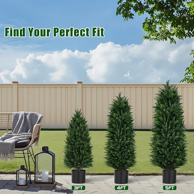 Artificial Cedar Trees 5FT, UV Resistant Faux Tree Potted Plants with Trunk 59in Fake Cypress Tree for Indoor Outdoor Garden Decor-2pack