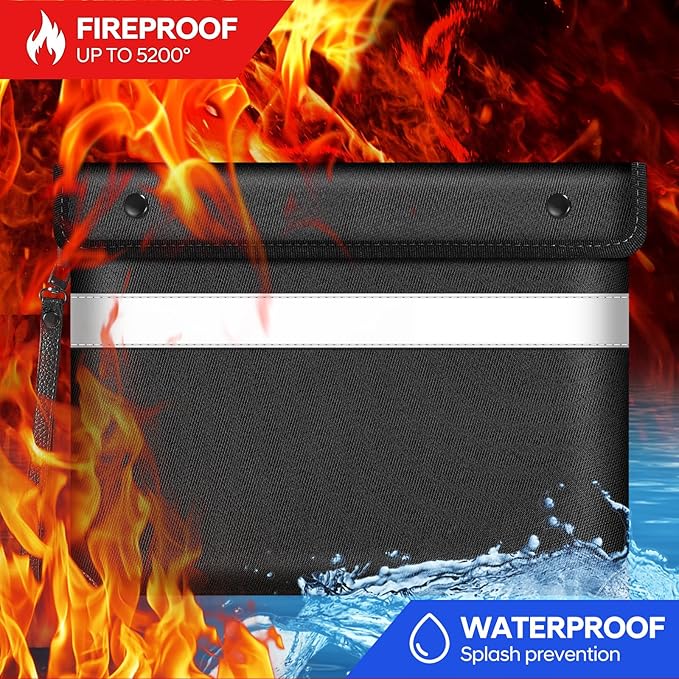 Fire Proof Bag for Documents 5200°F Heat Insulated,13.9” X 10.6”Fireproof Money Bag with Zipper,8 Layers of Protective Materials Waterproof Document Pouch for Cash,Valuables,Documents(Black)