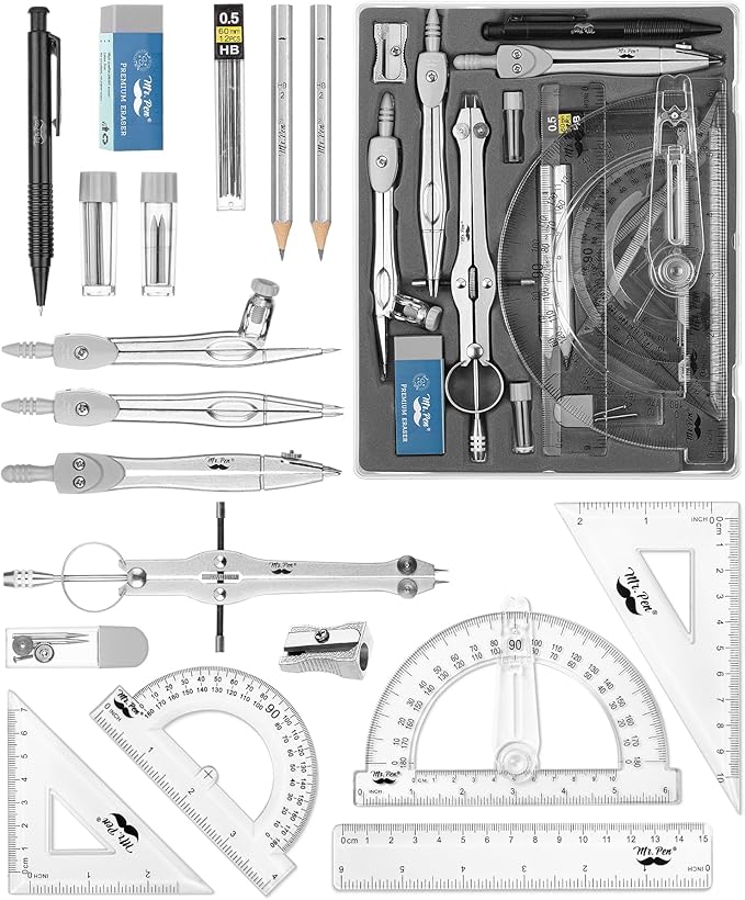 Mr. Pen- Geometry Set, 15 pcs, Light Grey, 6 Inch Swing Arm Protractor, Divider, Set Squares, Ruler, Compasses and Protractor