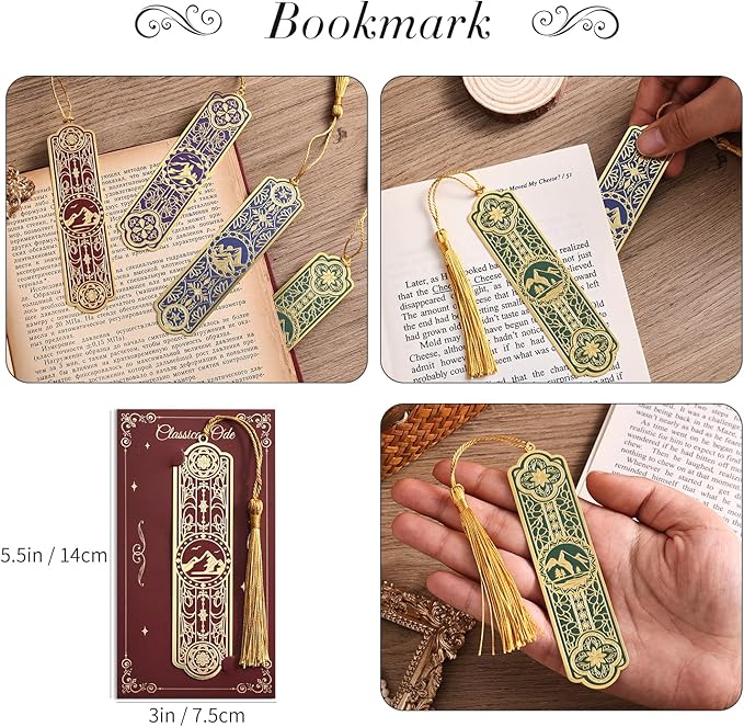 4 Pieces Metal Bookmarks with Tassel Big Size, Golden Vintage Aesthetics Scenery Mountain Theme Book Mark, Bookmark for Women Book Lovers Gift Writers Readers Teens Men
