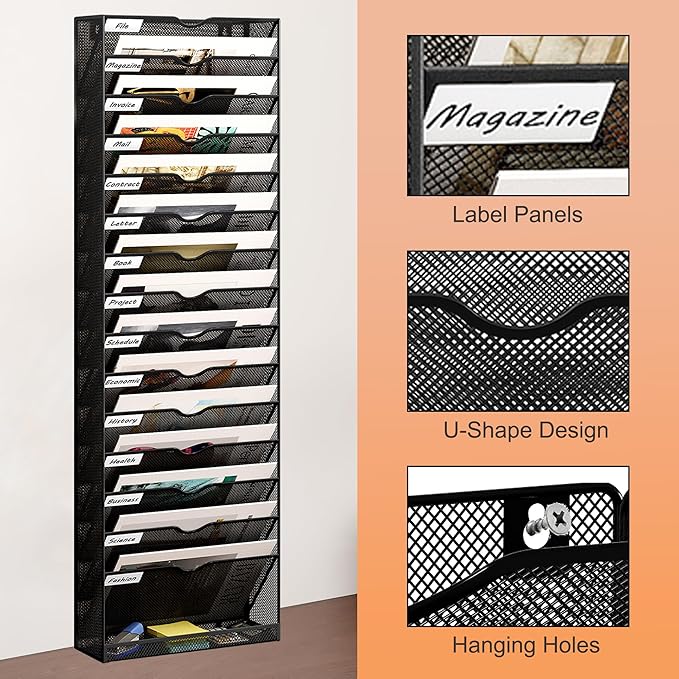16 Tier Hanging Wall File Holder, Metal A4 Wall Mounted Document Holder, Vertical Hanging Mail Organizer, Magazine Storage Rack with Tray for Office Home Classroom, Black