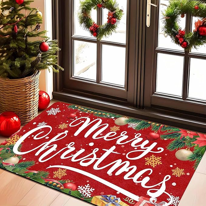 InterestPrint Merry Christmas Welcome Mat Low Profile Entrance Decoration Easy Clean Door Rug Christmas Red Doormat Outdoor Entrance for Outside Entrance Or Porch Entry, 16" x 24" Inch