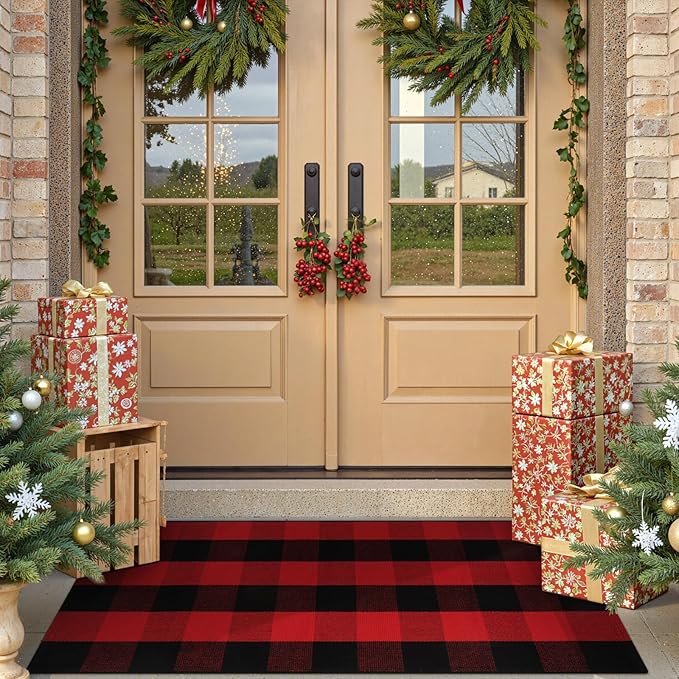 OJIA Christmas Front Door Mat 24"x51", Red Plaid Front Porch Rug Machine Washable Rugs for Kitchen Entryway Doormat Indoor Outdoor Layered Door Mats Farmhouse Throw Rug for Bathroom/Bedroom