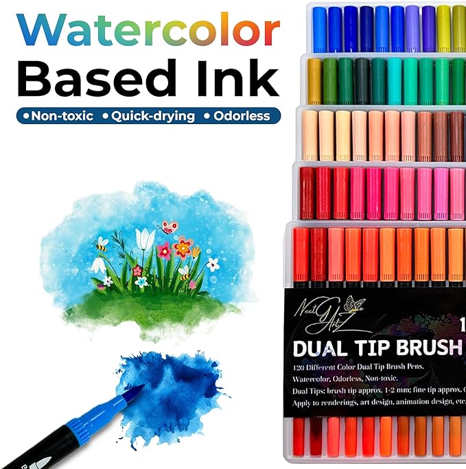 NextG Artz Dual Tip Brush Pens Art Markers, 120 Unique Bright Color, Fineliner & Brush Tip Art Pens for Art Lovers Coloring Drawing Book, Calligraphy Writing, Sketching and Doodling