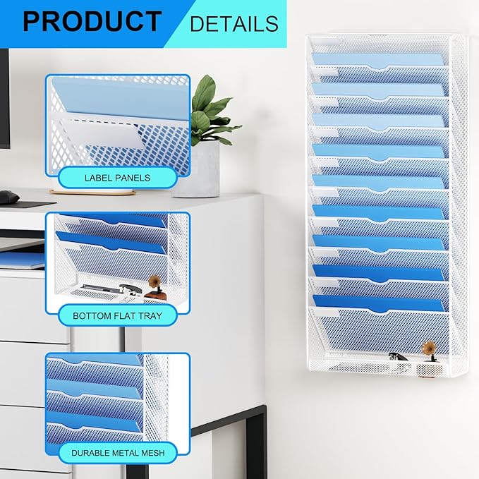 Hanging Wall File Organizer 10 Tier Wall Mounted File Holder Document Wall Organizer Magazine Organization for Office Home, White