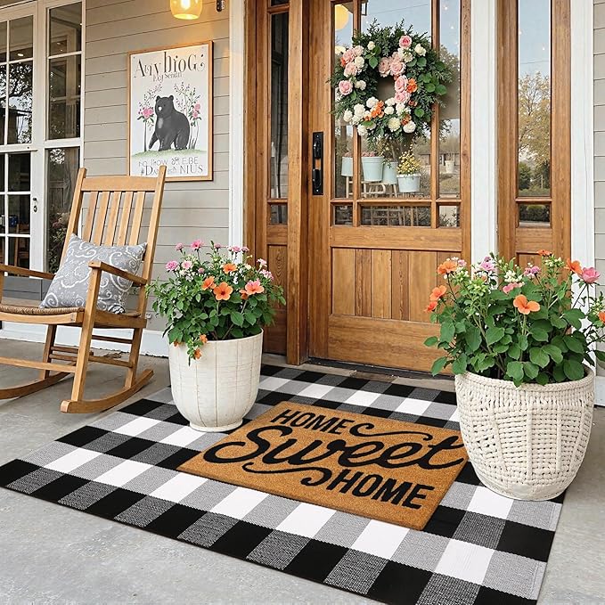 KIMODE Buffalo Plaid Christmas Outdoor Rug 3x5, Farmhouse Cotton Front Door Mat, Washable Black and White Checkered Rug for Christmas Welcome Layered Door Mat Front Porch Entryway Kitchen