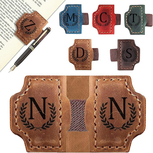 Bygone Mark Bookmark with Pen Holder, 26 Letters Name Initial Personalized Magnetic Bookmarks, Leather Book Mark for Men Women, Travelers Accessories, Teachers Readers Book Lovers Gifts (Brown, N)