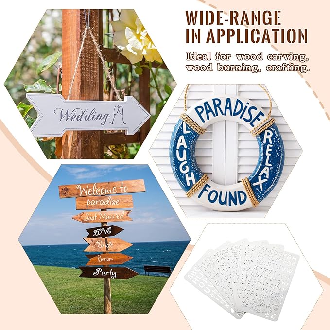 Lewtemi 6 Pcs Mixed Metal Stencil Wood Stencil Templates Stencils for Journaling Burning Stencils for Wood Carving Drawing Engraving Scrapbooking Journal Craft DIY (Letter Style)