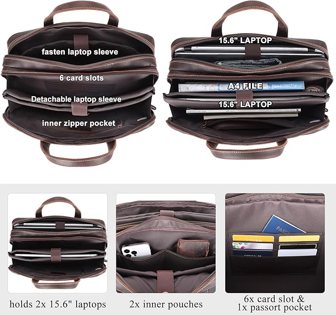 Masa Kawa Leather Briefcase for Men 15.6" - 17" Laptop Computer Case Business Travel Work Messenger Cross Body Shoulder Bag
