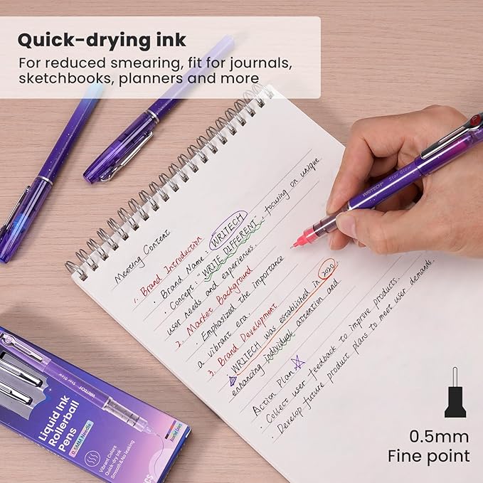 WRITECH Liquid Ink Rollerball Pens: 0.5mm Assorted Color Ink Fine Point Tip Rolling Roller Ball Pen Multicolor No Bleed & Smudge for Journaling Smooth Writing Drawing 4ct