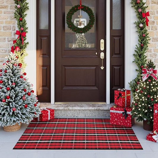 Buffalo Plaid Outdoor Rug Runner 24"x 51",Christmas Washable Checkered Front Door Mat, Cotton Woven Winter Indoor Floor Rugs for Porch Entryway Kitchen Holiday Decor(Black and Red)