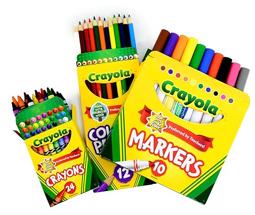 Back to School Supply Box (Case - 4 Boxes) - Grades K-5 Back to School Supplies - 32 Piece Kit Includes Markers, Crayons, Pencils, Scissors, Folders, Glue Sticks, Notebook, and Composition Book
